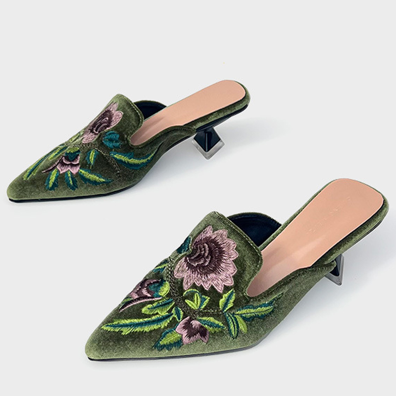 Embroidery Design Free - Mules brodées en velours pour femme,