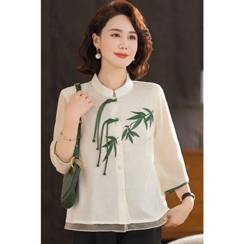 Embroidery Cream - Chemise de style chinois pour femmes,