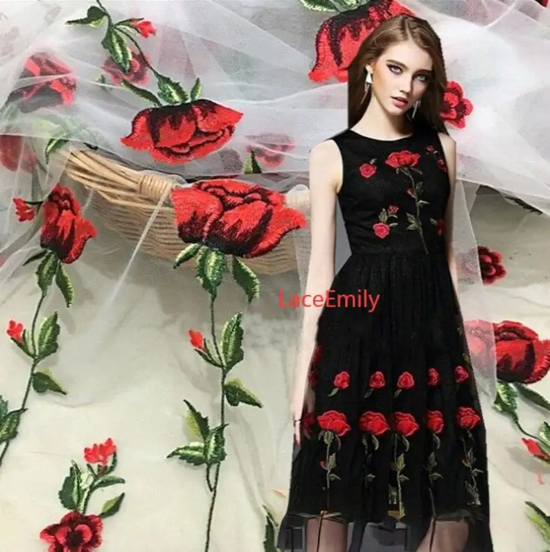 Embroidery Rose - Tissu en dentelle Rose rouge, broderie